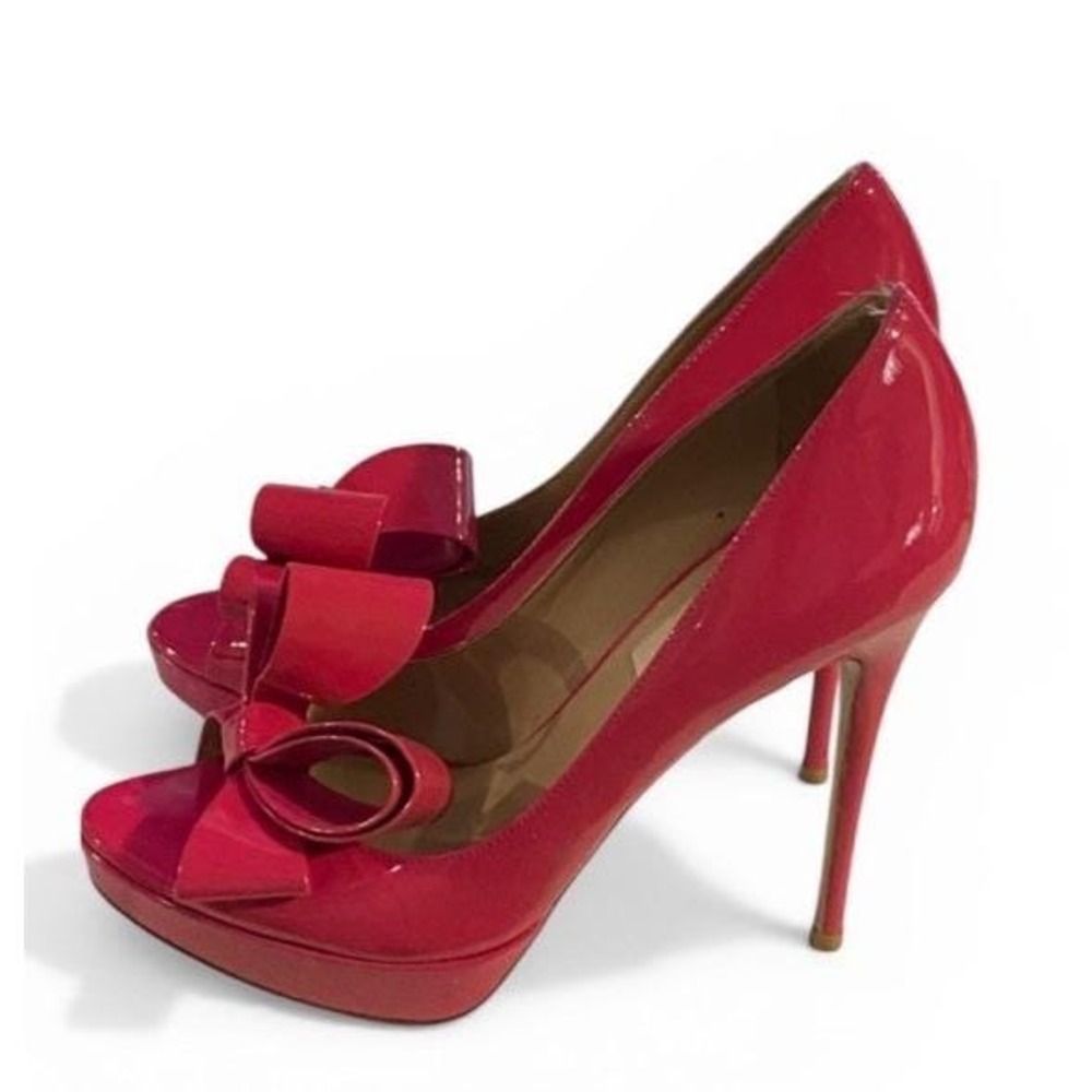 Valentino Garavani Bow Rosso Patent Leather PeepToe Platform Stiletto Heels 36.5
